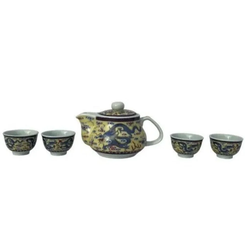 Vintage Yellow & Blue Porcelain Chinese Dragon Teapot With Matching Tea Cups Set